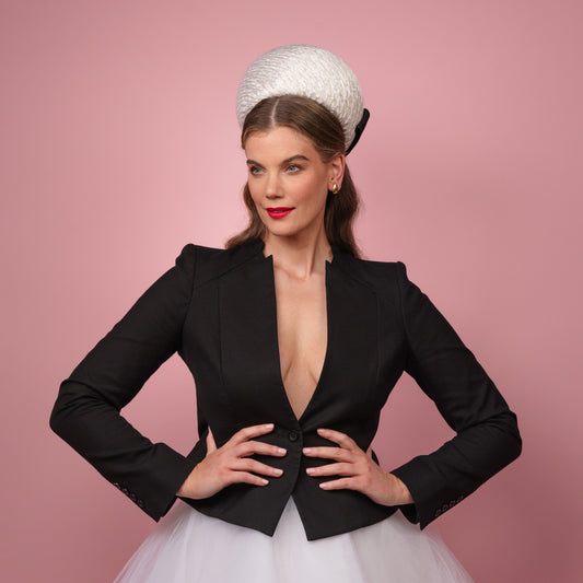 Kate Pillbox in White Vintage Straw with Black Petersham Bow Spring Racewear Headpiece