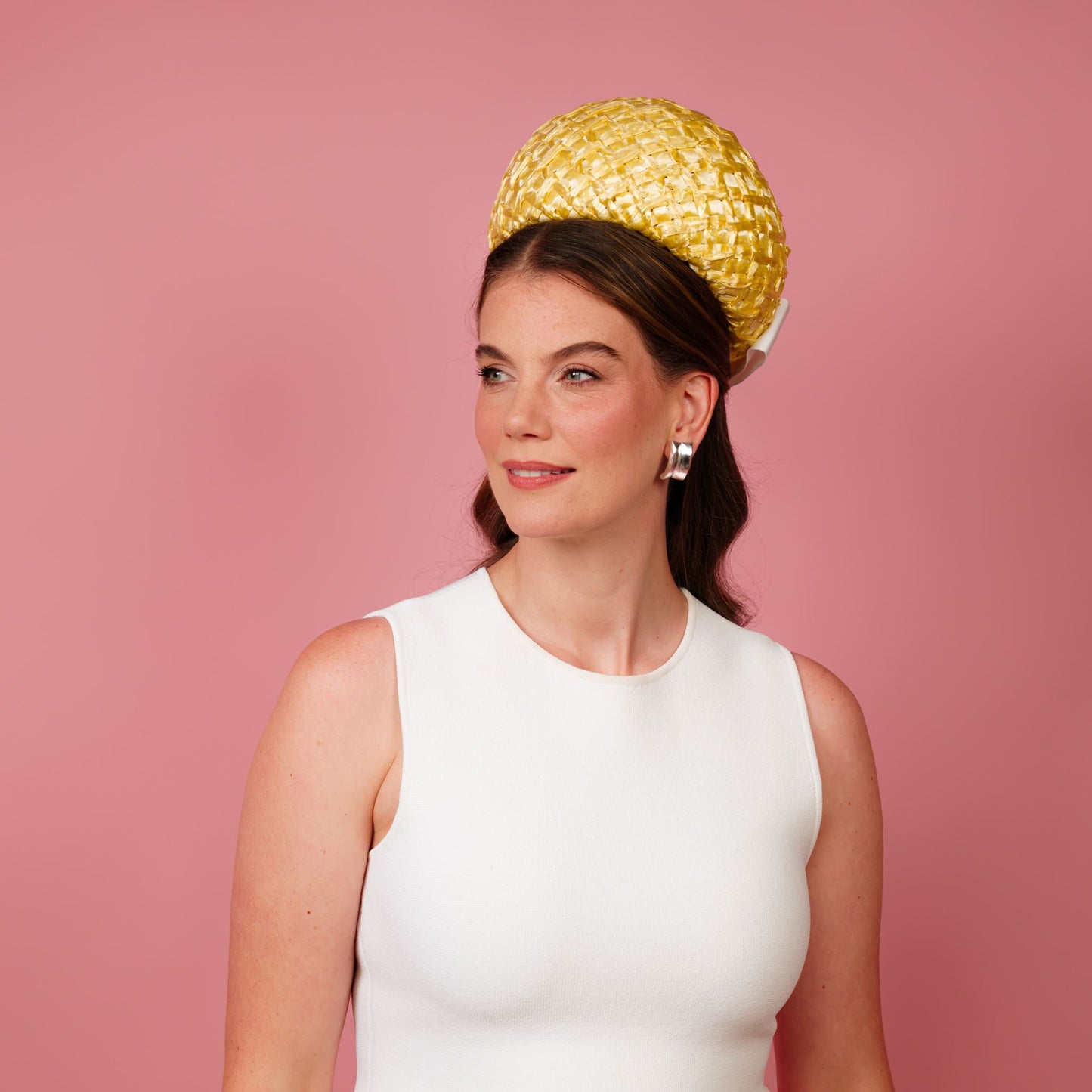 Kate Pillbox in lemon vintage straw with white petersham bow