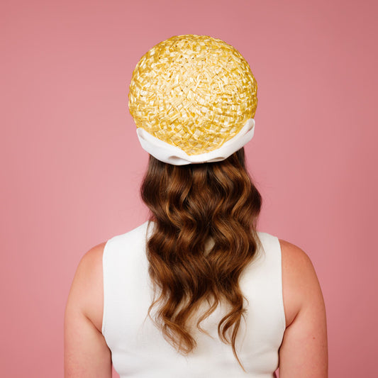 Kate Pillbox in lemon vintage straw with white petersham bow