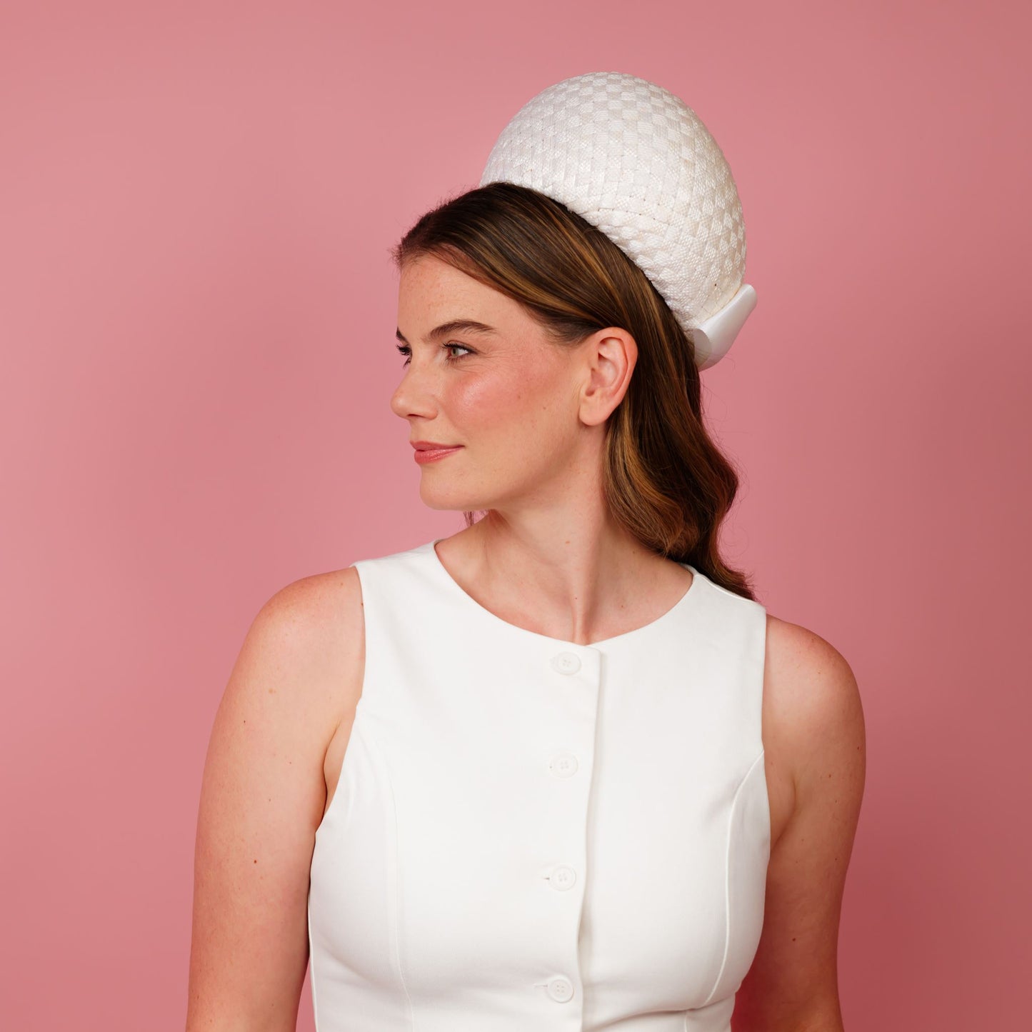 Kate Pillbox in white vintage straw with white petersham bow