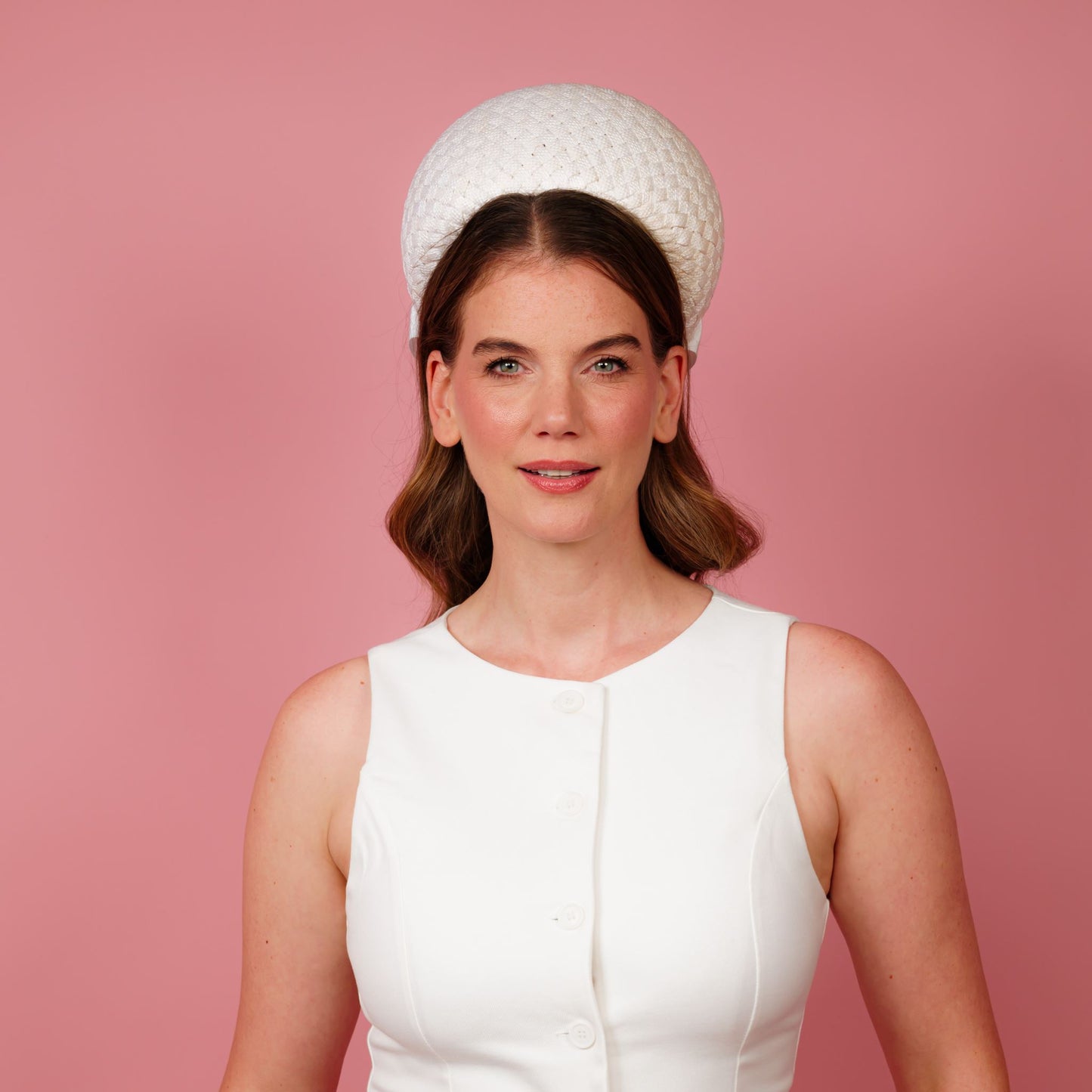 Kate Pillbox in white vintage straw with white petersham bow
