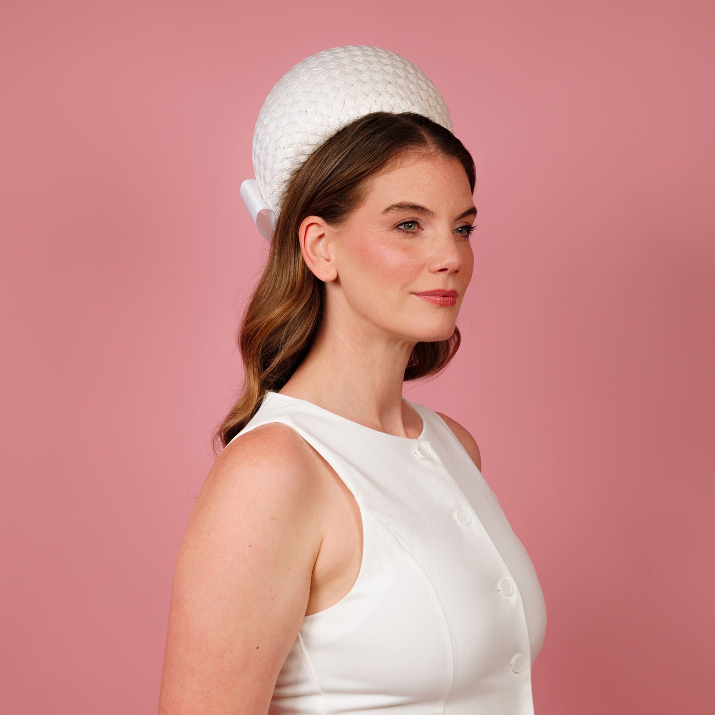 Kate Pillbox in white vintage straw with white petersham bow
