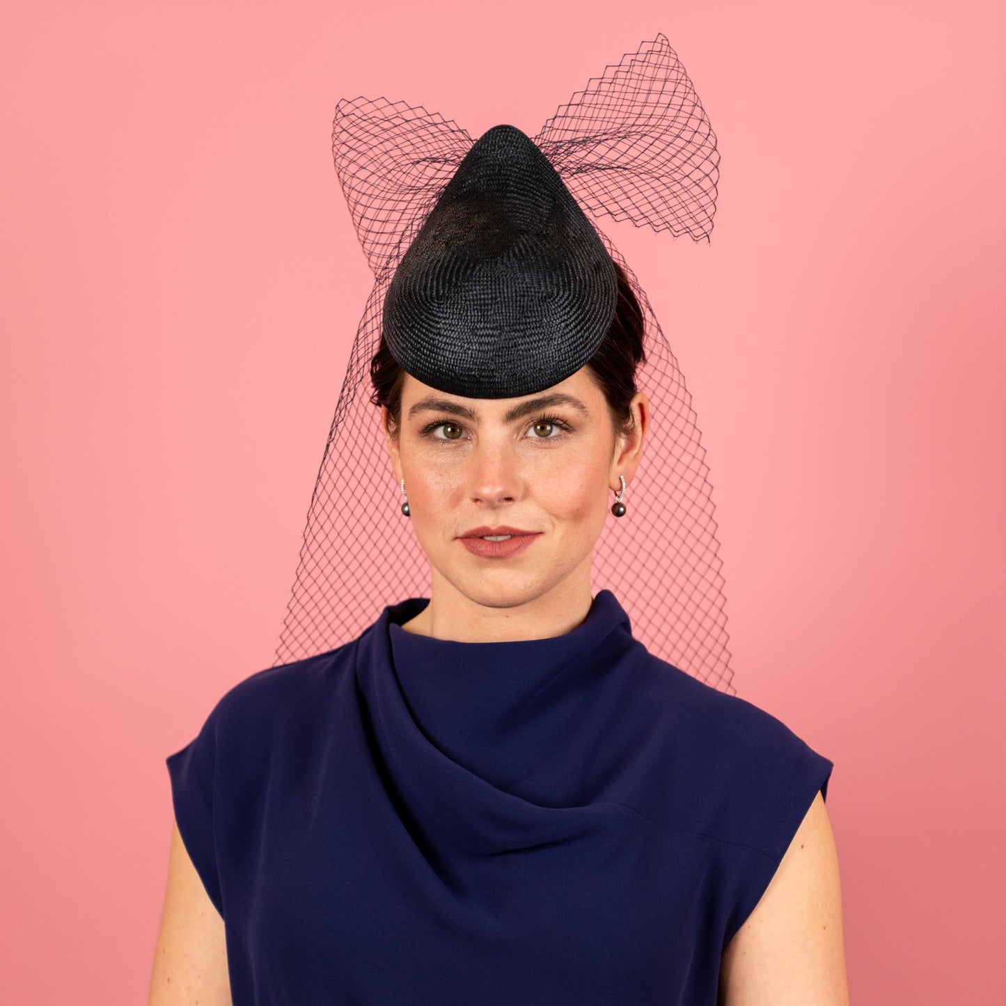Kennedy Straw Button with  vintage veiling bow in navy