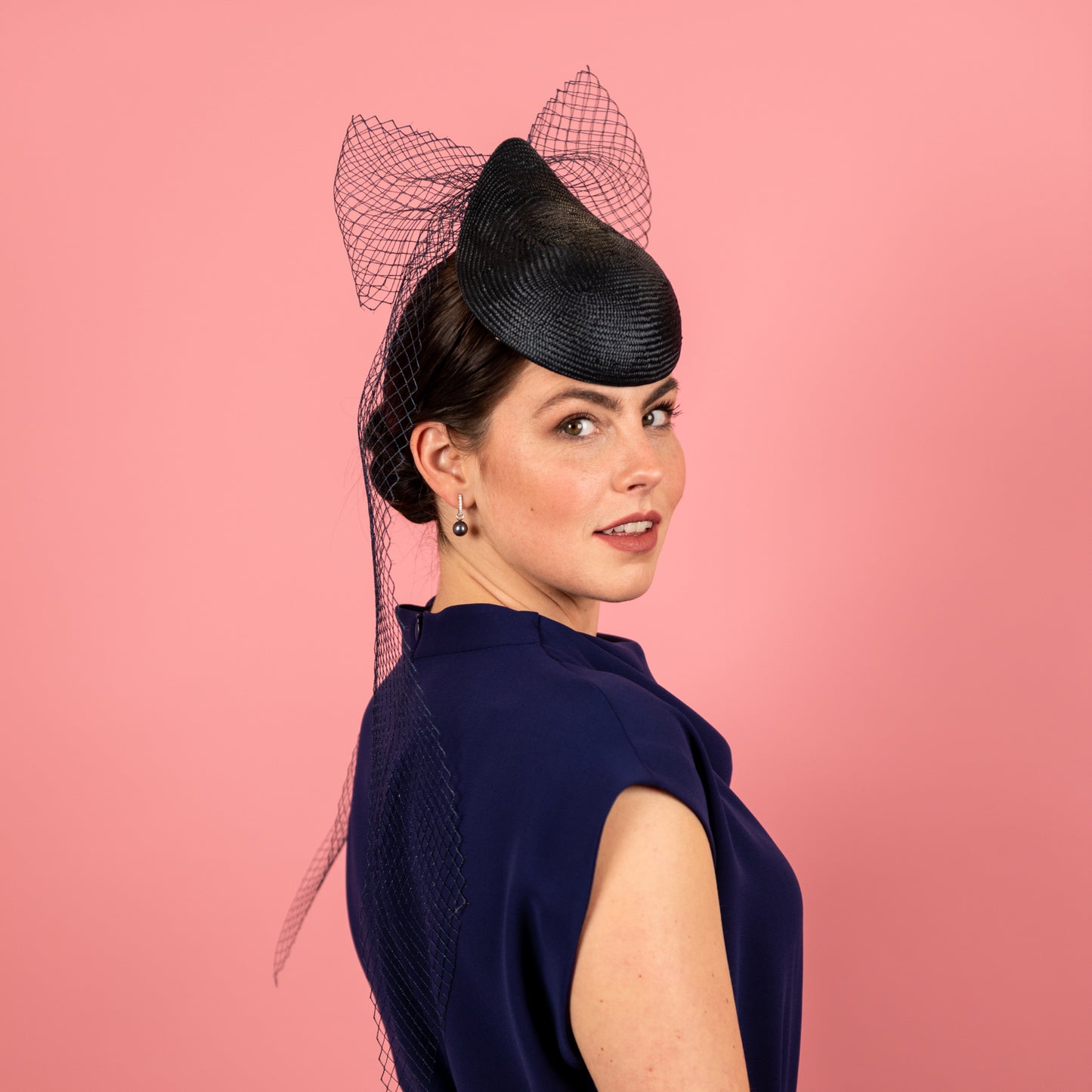Kennedy Straw Button with  vintage veiling bow in navy