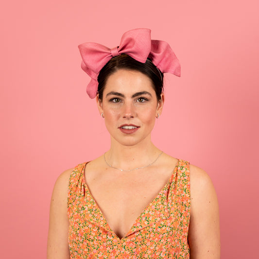 Laceby Bow Headband in Pink Straw