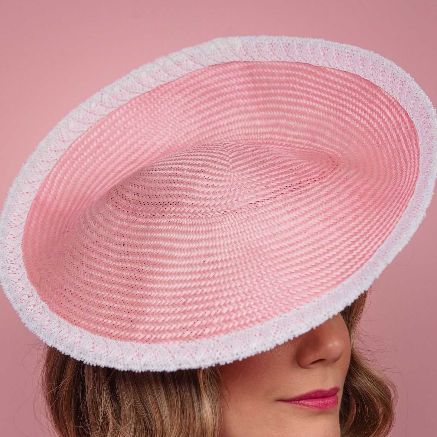 Madeline Saucer in pink straw with white edge Spring Racewear Headpiece