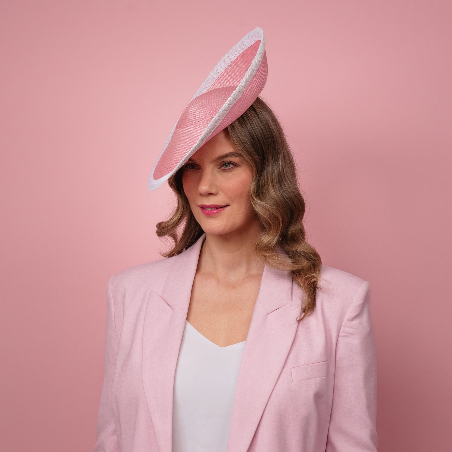 Madeline Saucer in pink straw with white edge Spring Racewear Headpiece