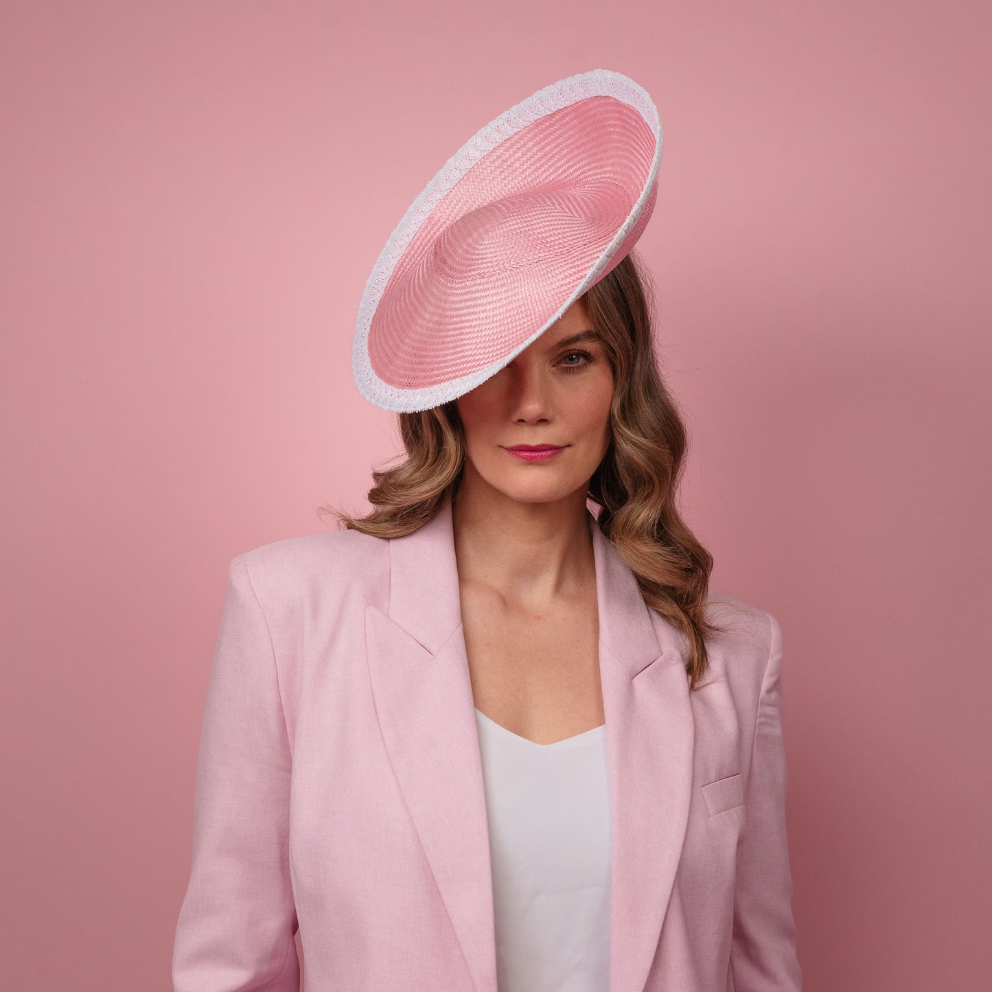 Madeline Saucer in pink straw with white edge Spring Racewear Headpiece