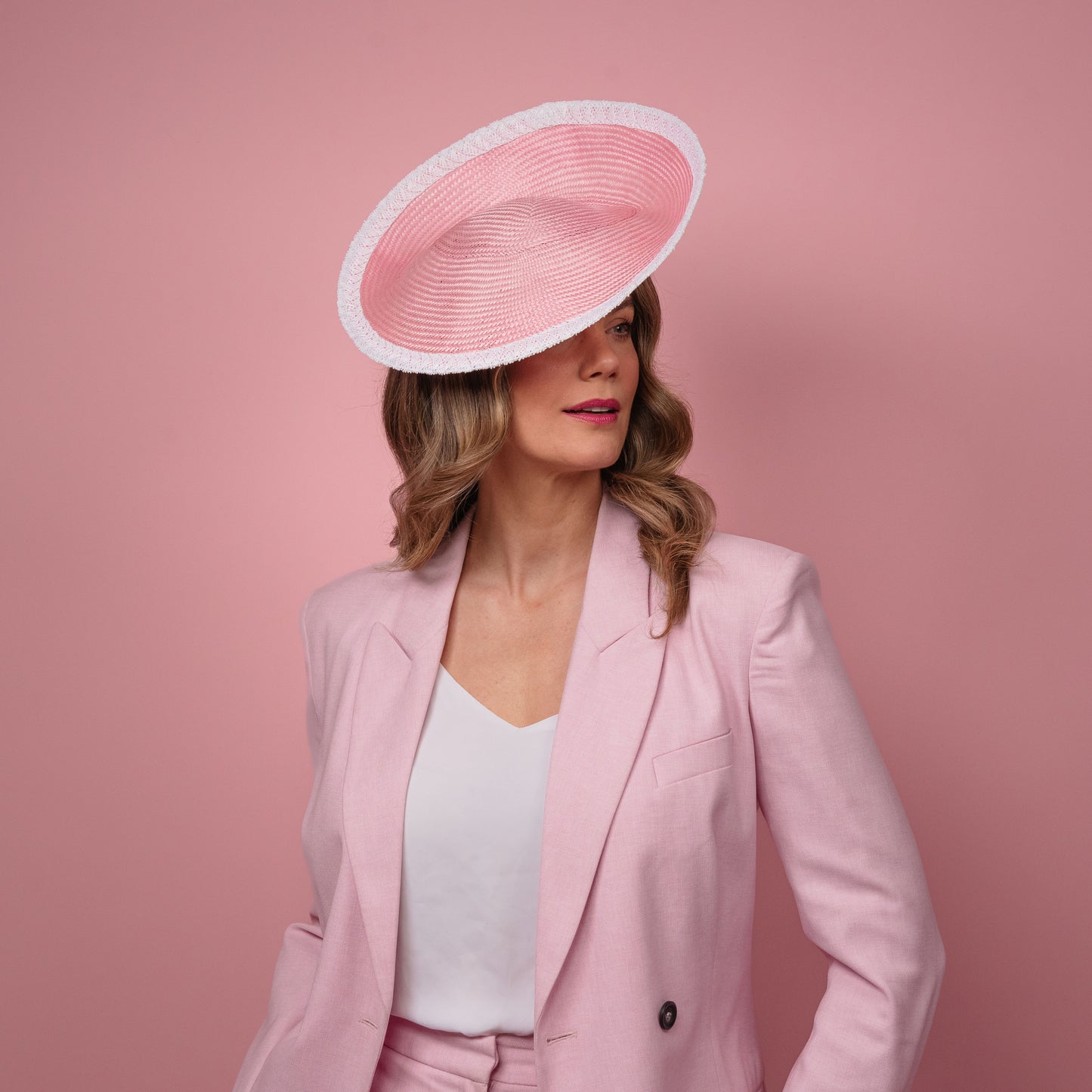 Madeline Saucer in pink straw with white edge Spring Racewear Headpiece