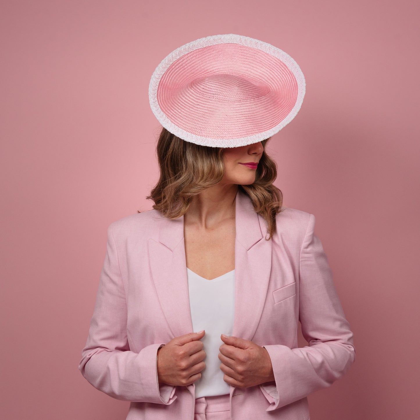 Madeline Saucer in pink straw with white edge Spring Racewear Headpiece