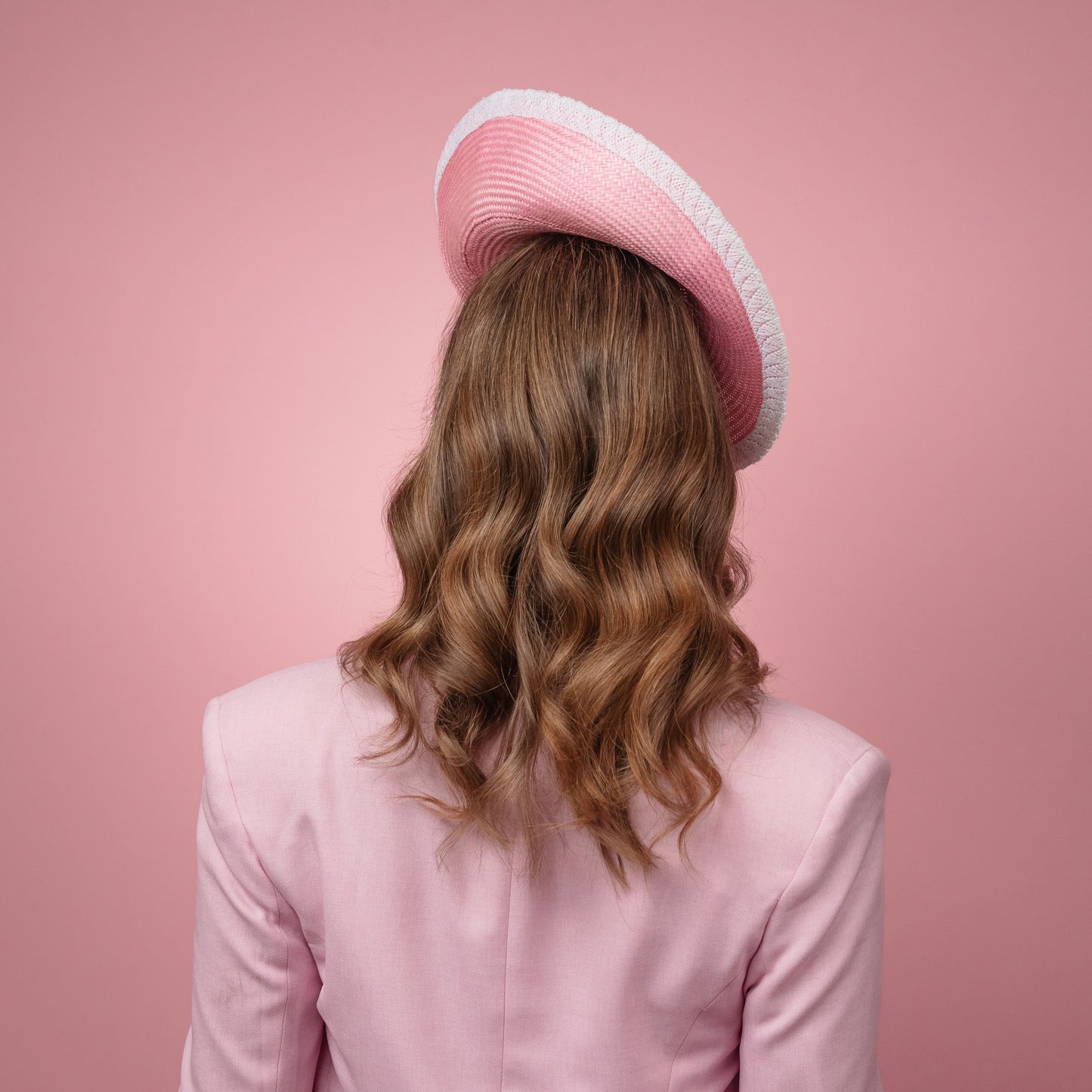 Madeline Saucer in pink straw with white edge Spring Racewear Headpiece