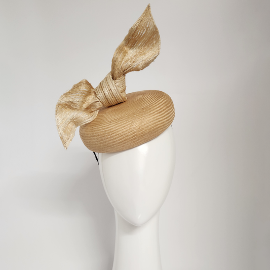 Michelle Beret with Straw Base with Braid knot trim in Cream Racewear Headpiece