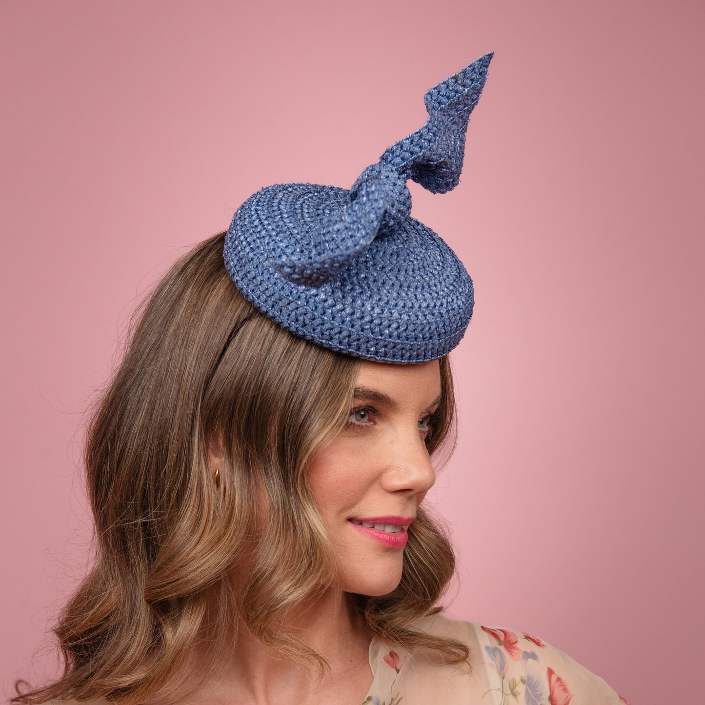 Michelle Beret with knot trim in Blue Braid Spring Racewear Headpiece