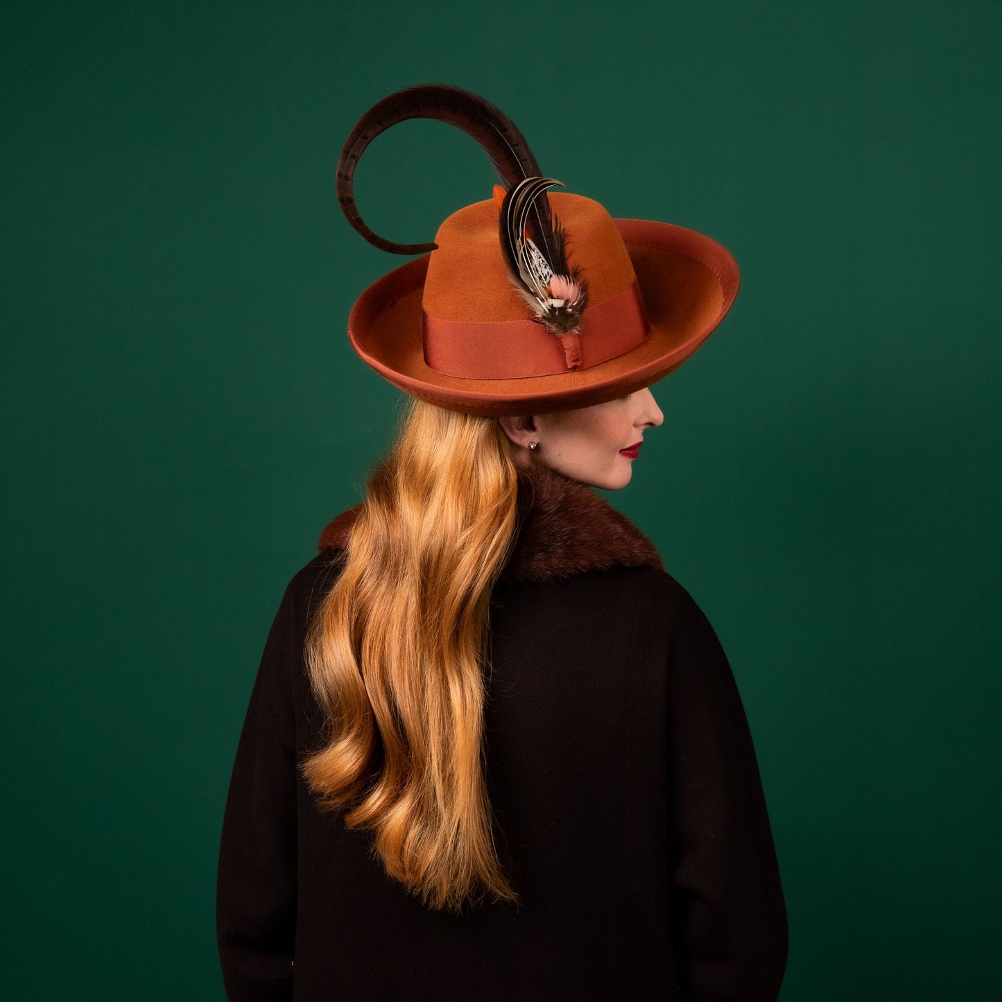 Mila Upturned Brimmed Felt Hat in Carmel with Feather Trim Winter Racewear Hat