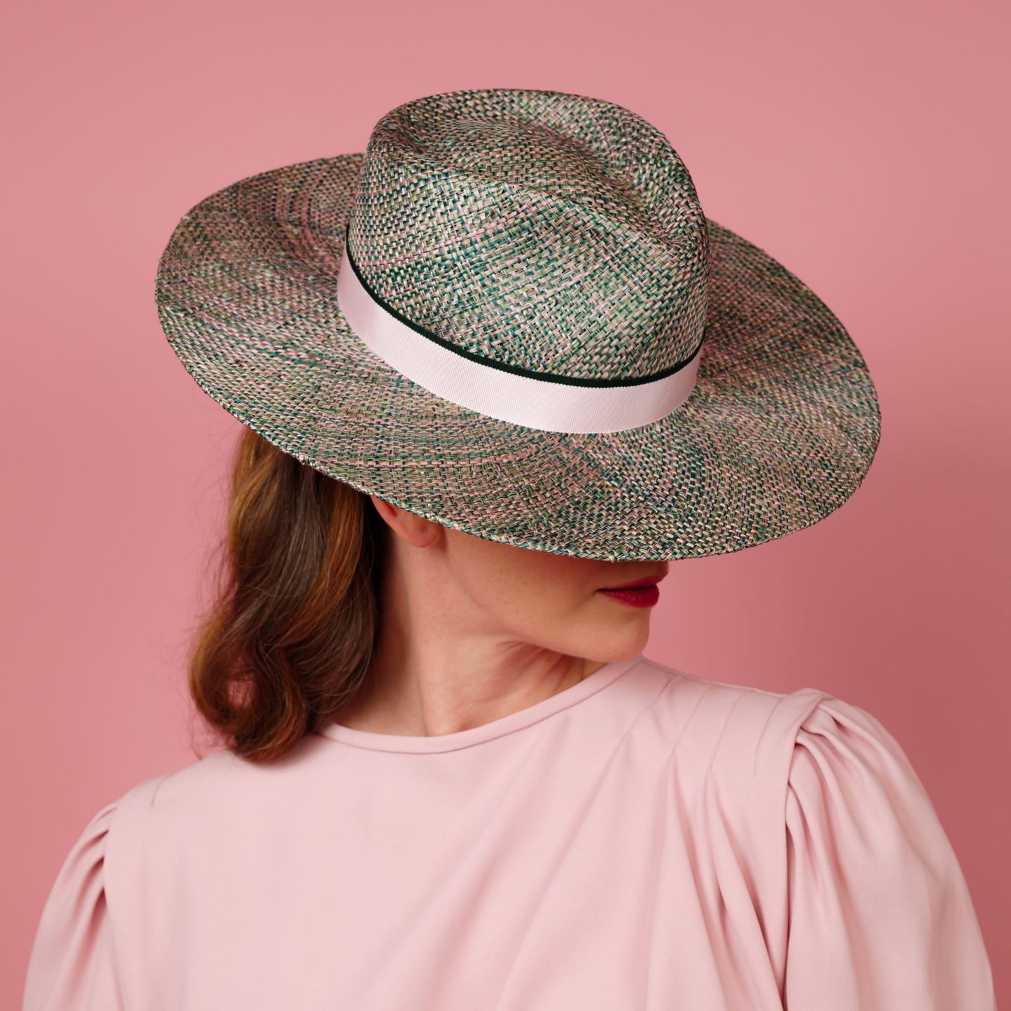 Mirra Fedora Hat in pink and green straw with petersham band