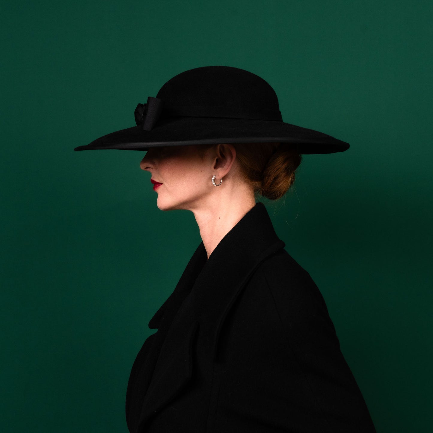 Moloney Black Felt Downturned Dior Brim Hat with Round Crown trimmed petersham bow Winter Racewear Hat