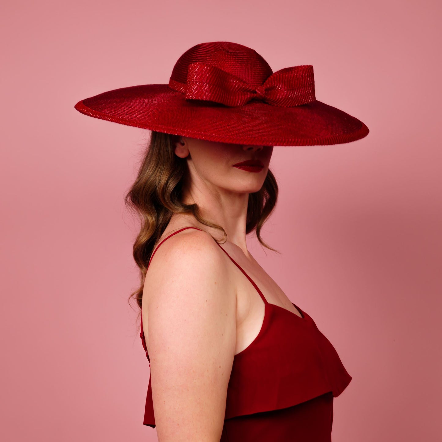 Moloney Downturned Dior Brim Hat with Round Crown with patent bow and edge in red