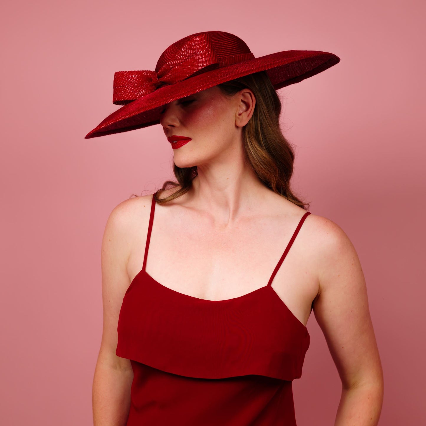 Moloney Downturned Dior Brim Hat with Round Crown with patent bow and edge in red