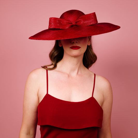 Moloney Downturned Dior Brim Hat with Round Crown with patent bow and edge in red
