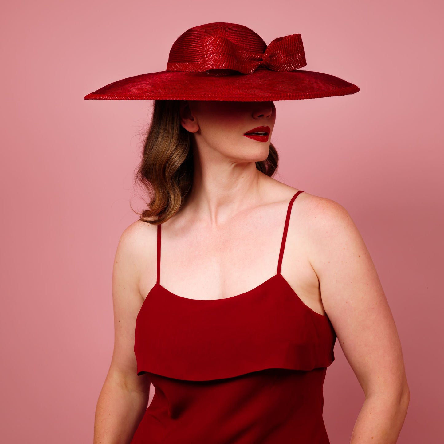 Moloney Downturned Dior Brim Hat with Round Crown with patent bow and edge in red