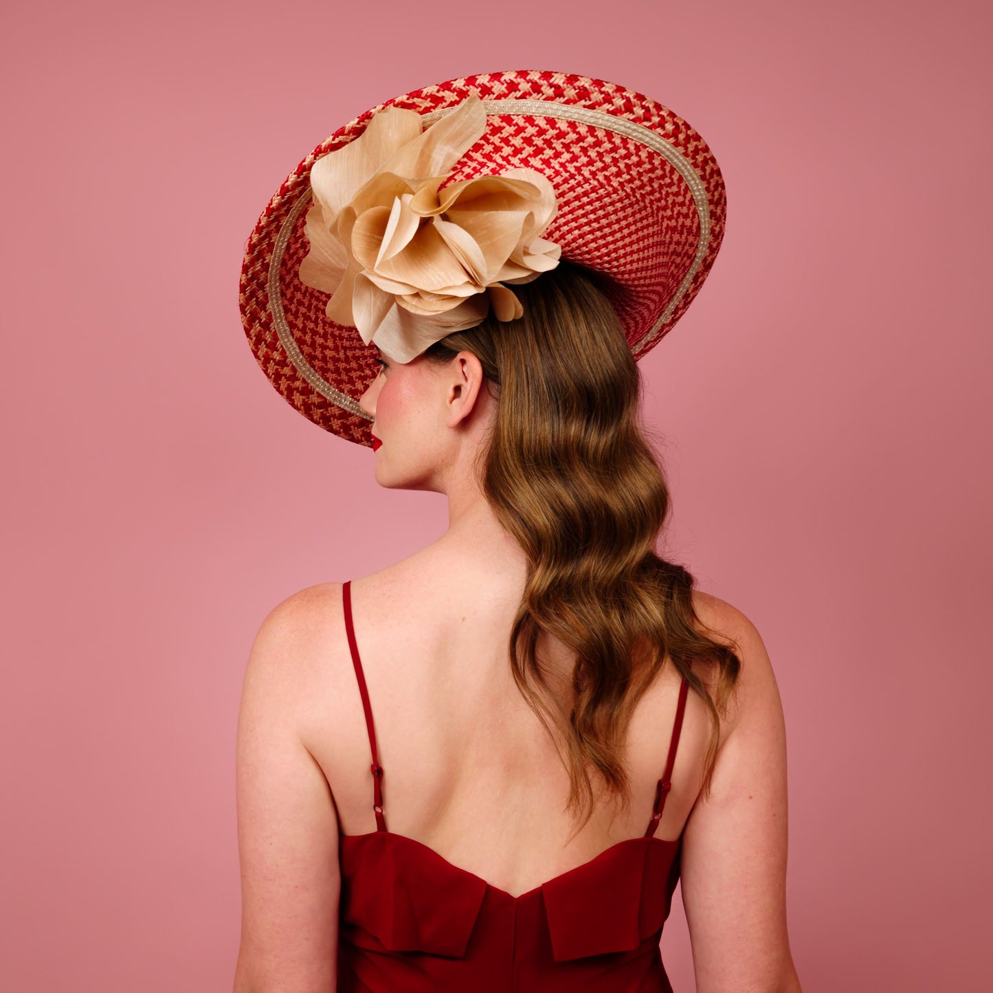 Monica large saucer in red and cream with cream silk poppy flower trim