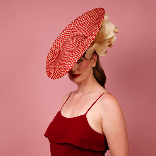 Monica large saucer in red and cream with cream silk poppy flower trim
