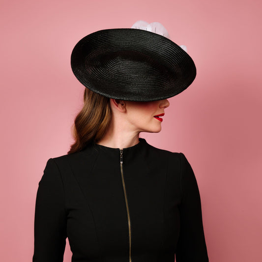 Monique Saucer in Textured Straw Poppy Flower Trim in Black and White