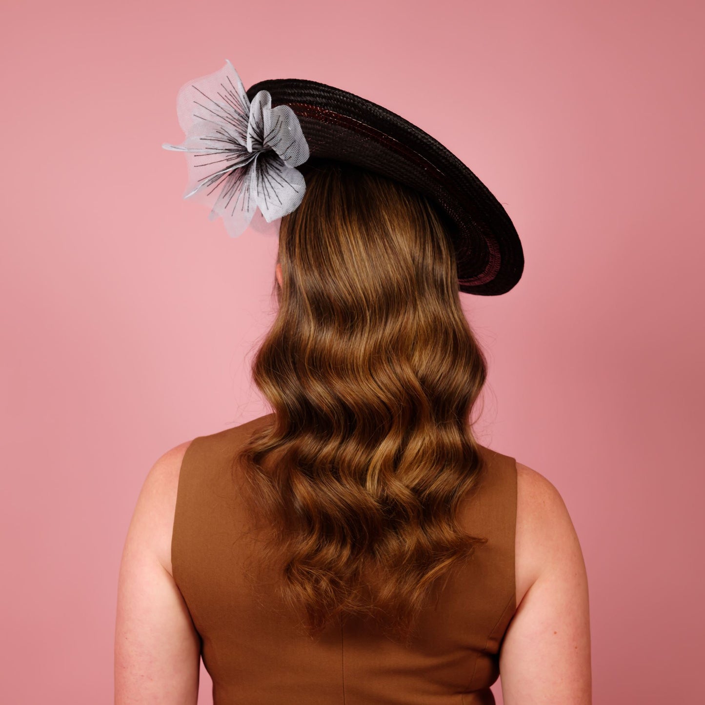 Monique Saucer in Textured Straw Poppy Flower Trim in Deep Chocolate and White
