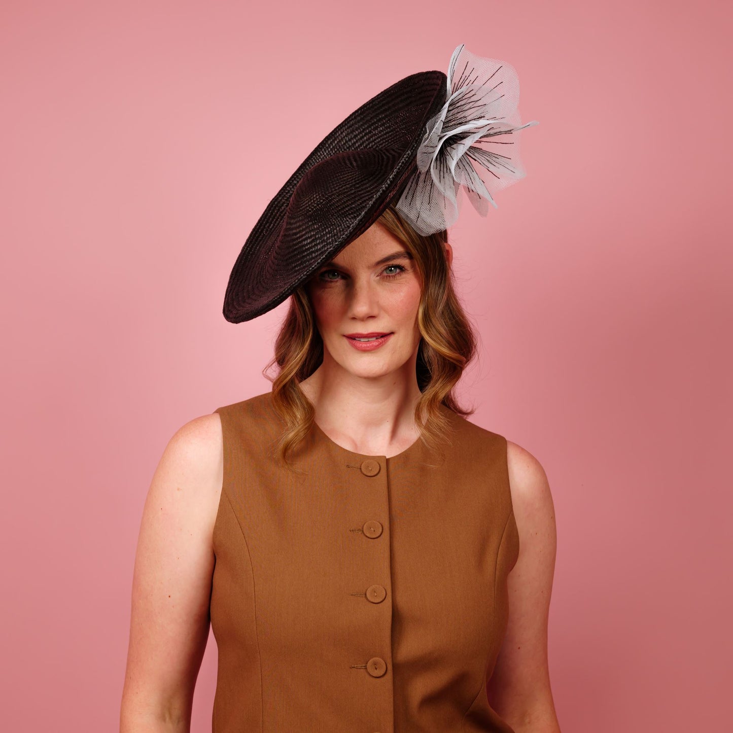 Monique Saucer in Textured Straw Poppy Flower Trim in Deep Chocolate and White