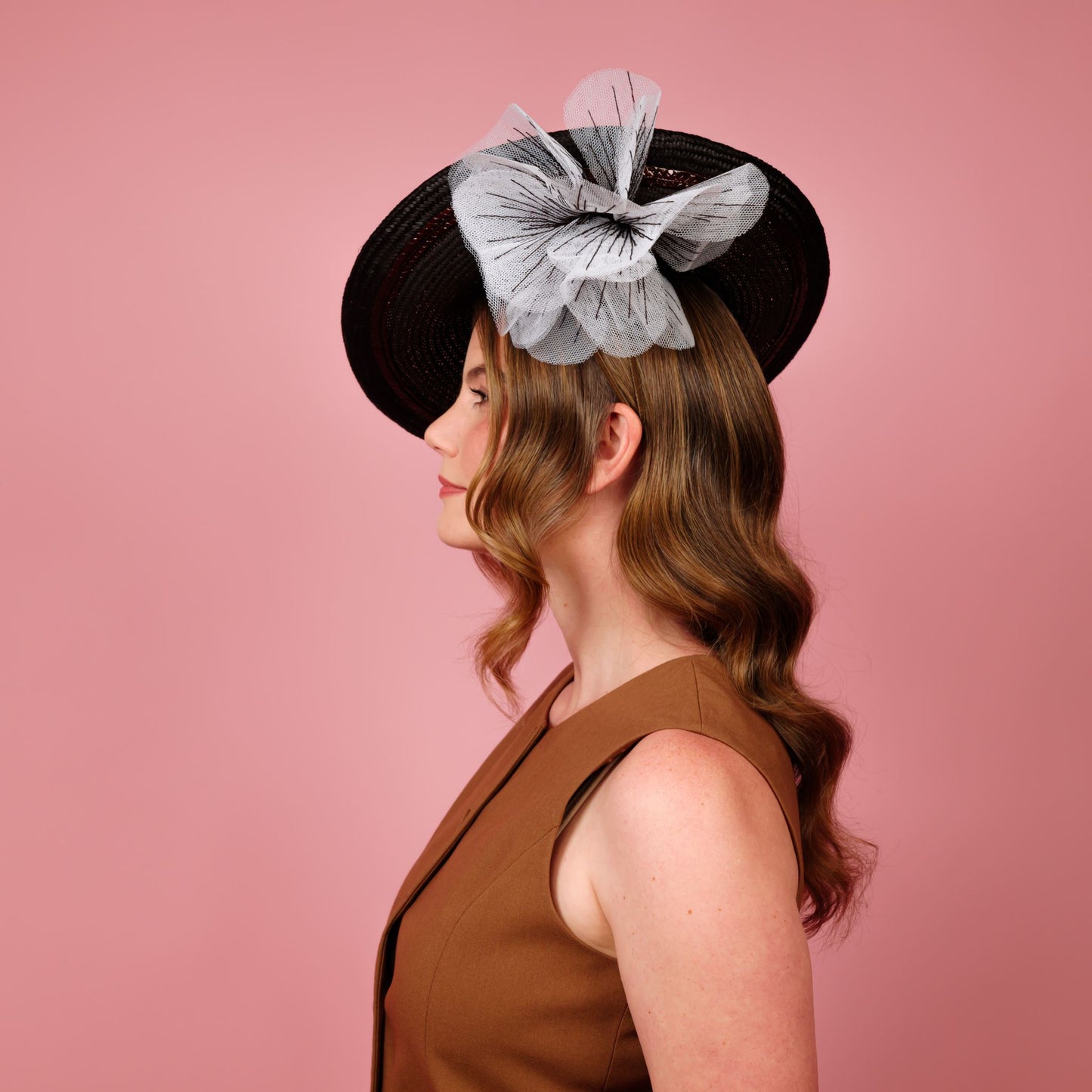 Monique Saucer in Textured Straw Poppy Flower Trim in Deep Chocolate and White