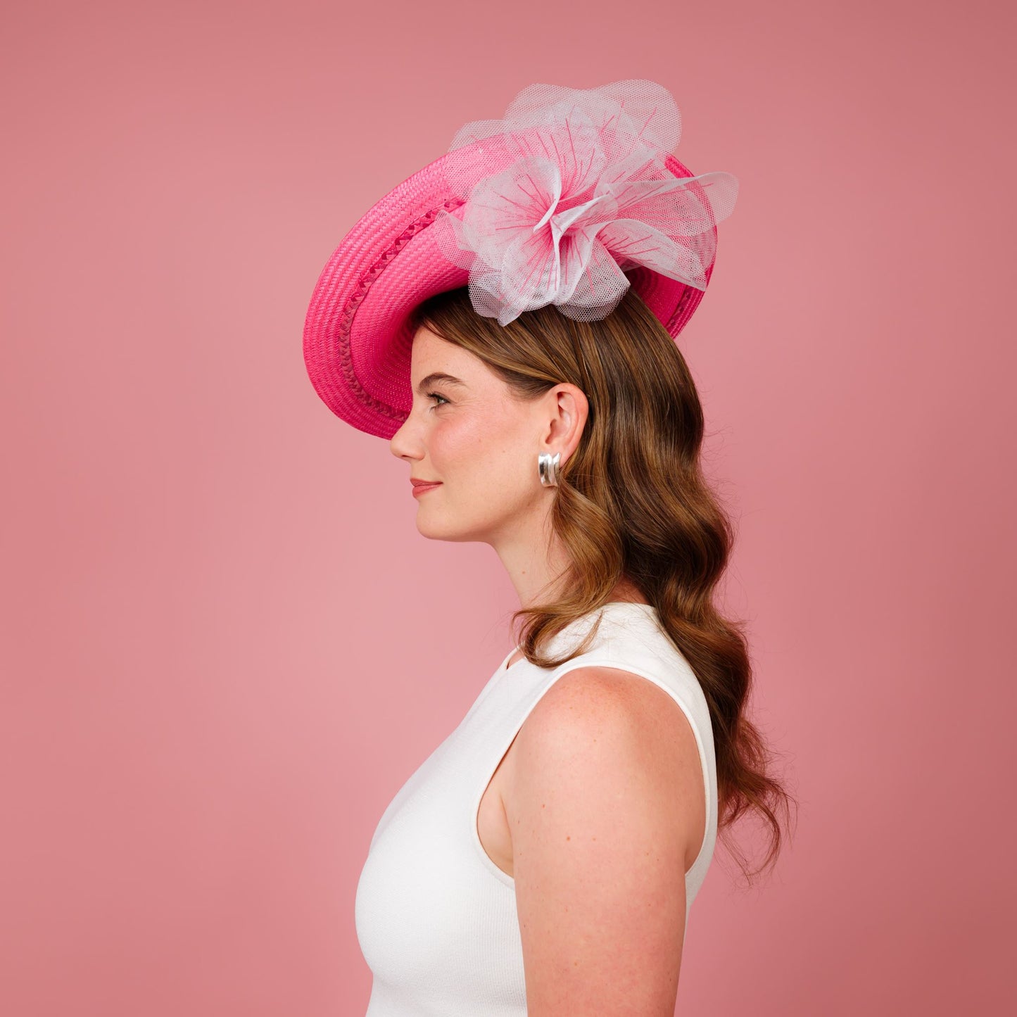 Monique Saucer in Textured Straw Poppy Flower Trim in Candy Pink and White