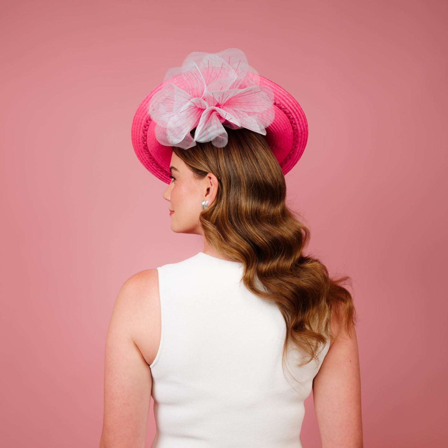 Monique Saucer in Textured Straw Poppy Flower Trim in Candy Pink and White