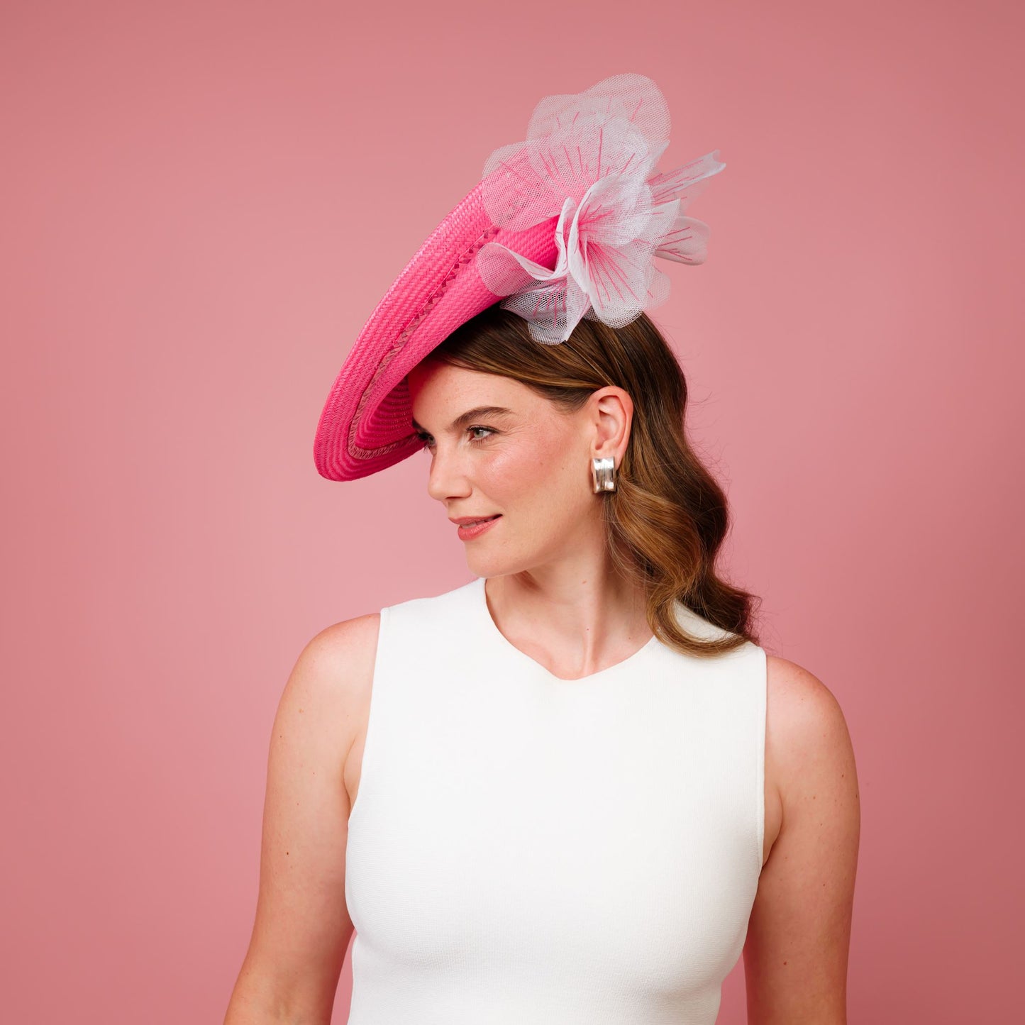 Monique Saucer in Textured Straw Poppy Flower Trim in Candy Pink and White