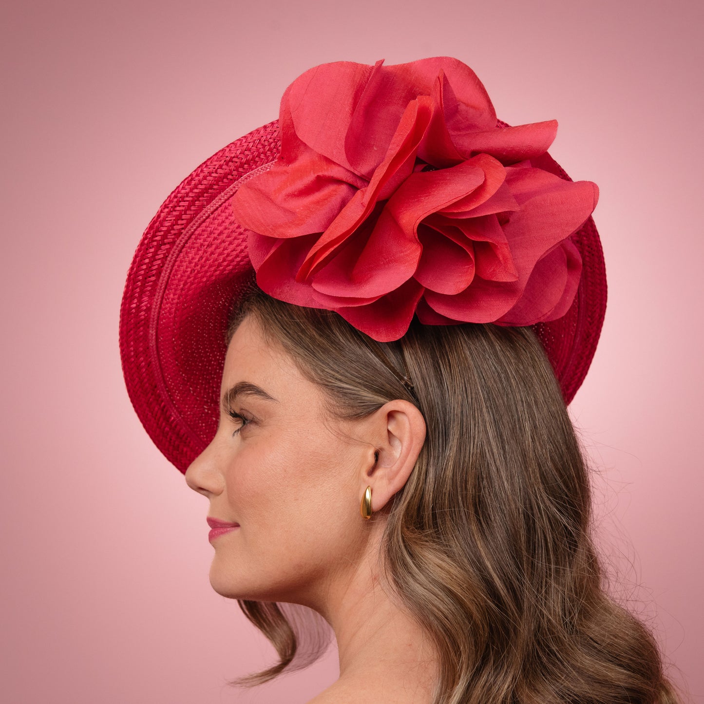 Monique Saucer in Textured Straw Silk Poppy Flower Trim in Pink Spring Racewear Headpiece