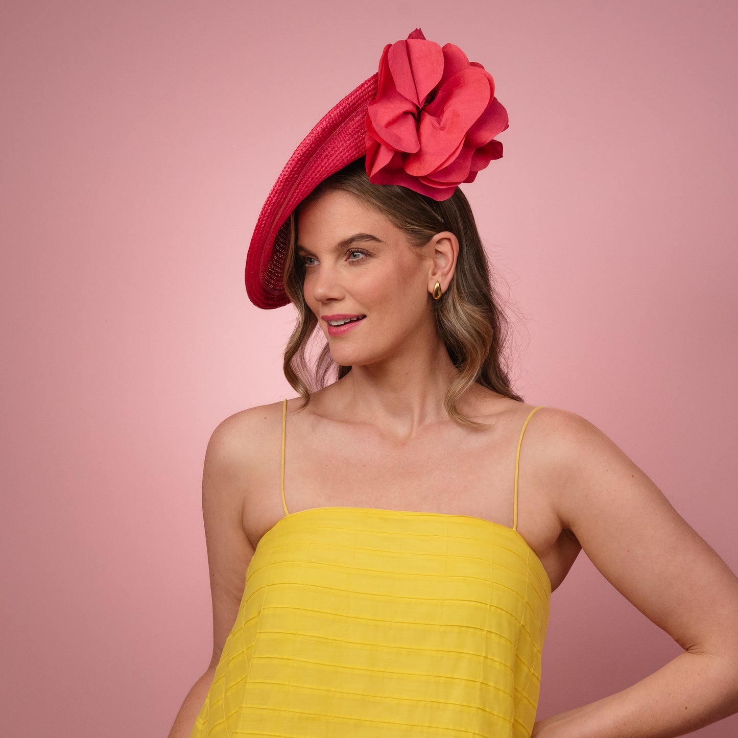 Monique Saucer in Textured Straw Silk Poppy Flower Trim in Pink Spring Racewear Headpiece