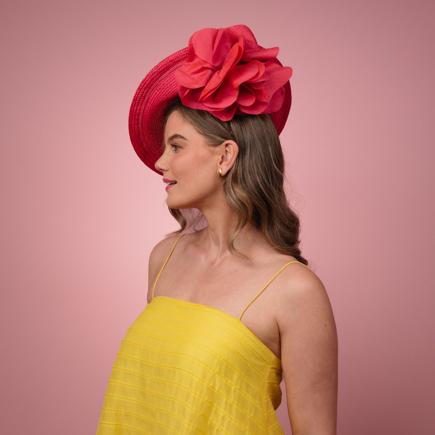 Monique Saucer in Textured Straw Silk Poppy Flower Trim in Pink Spring Racewear Headpiece