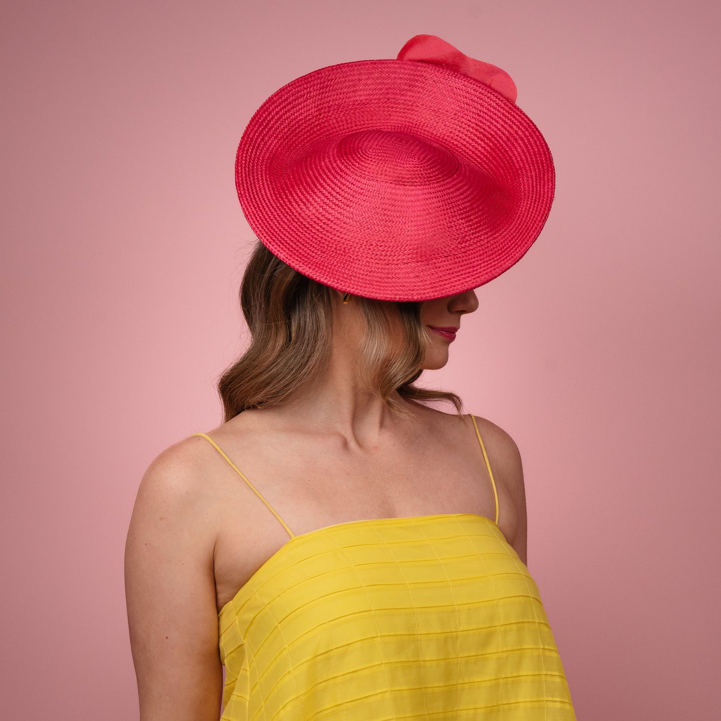 Monique Saucer in Textured Straw Silk Poppy Flower Trim in Pink Spring Racewear Headpiece