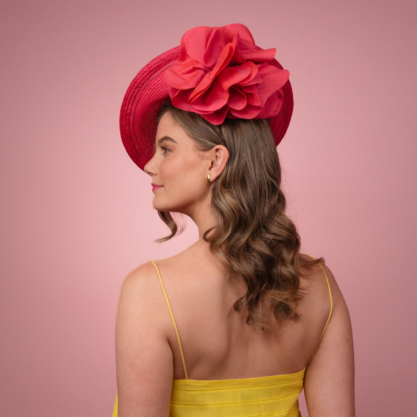 Monique Saucer in Textured Straw Silk Poppy Flower Trim in Pink Spring Racewear Headpiece