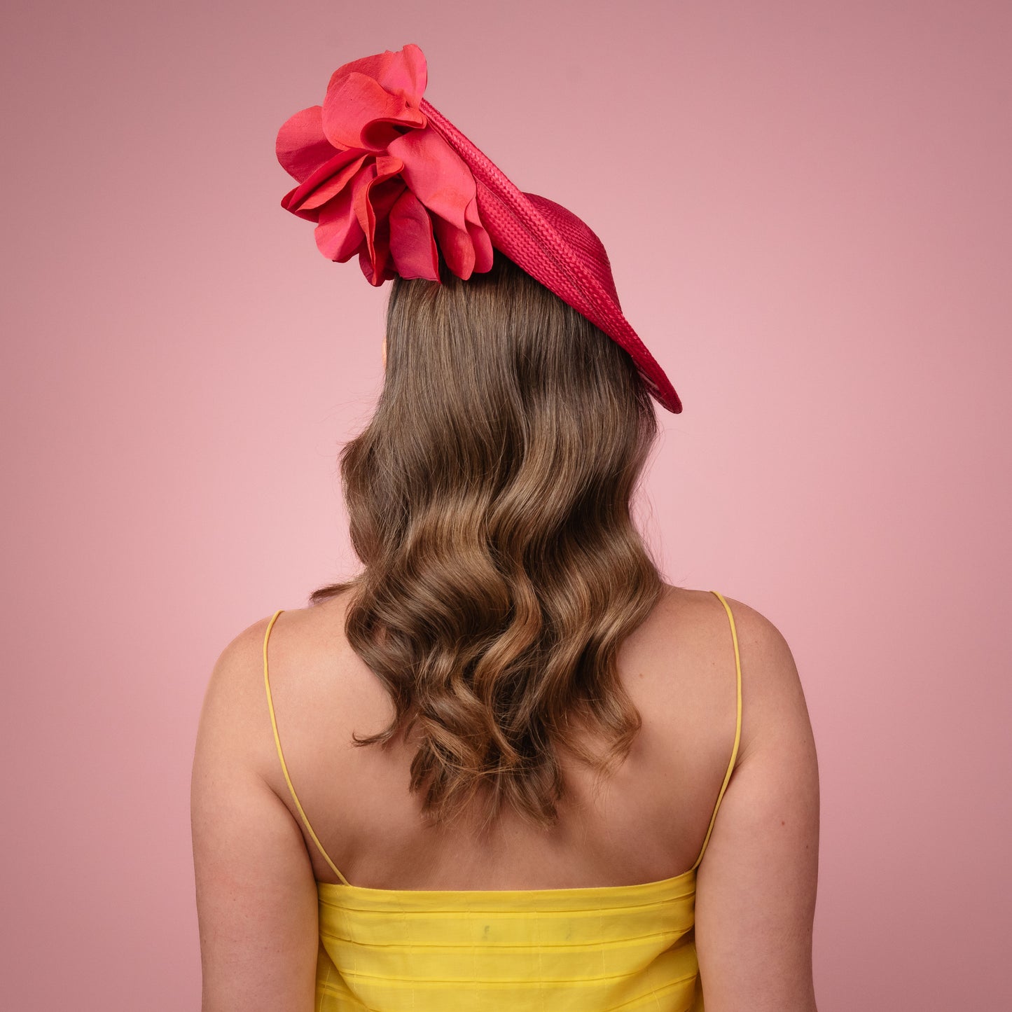 Monique Saucer in Textured Straw Silk Poppy Flower Trim in Pink Spring Racewear Headpiece