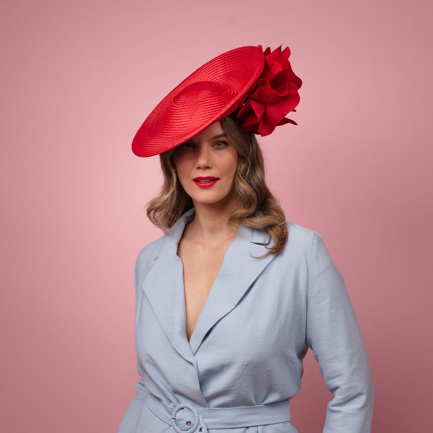 Monique Saucer in Textured Straw Silk Poppy Flower Trim in Red Spring Racewear Headpiece