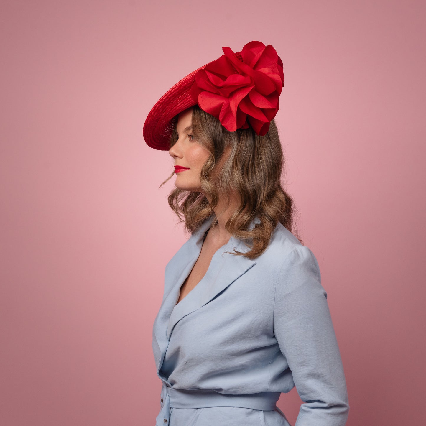 Monique Saucer in Textured Straw Silk Poppy Flower Trim in Red Spring Racewear Headpiece