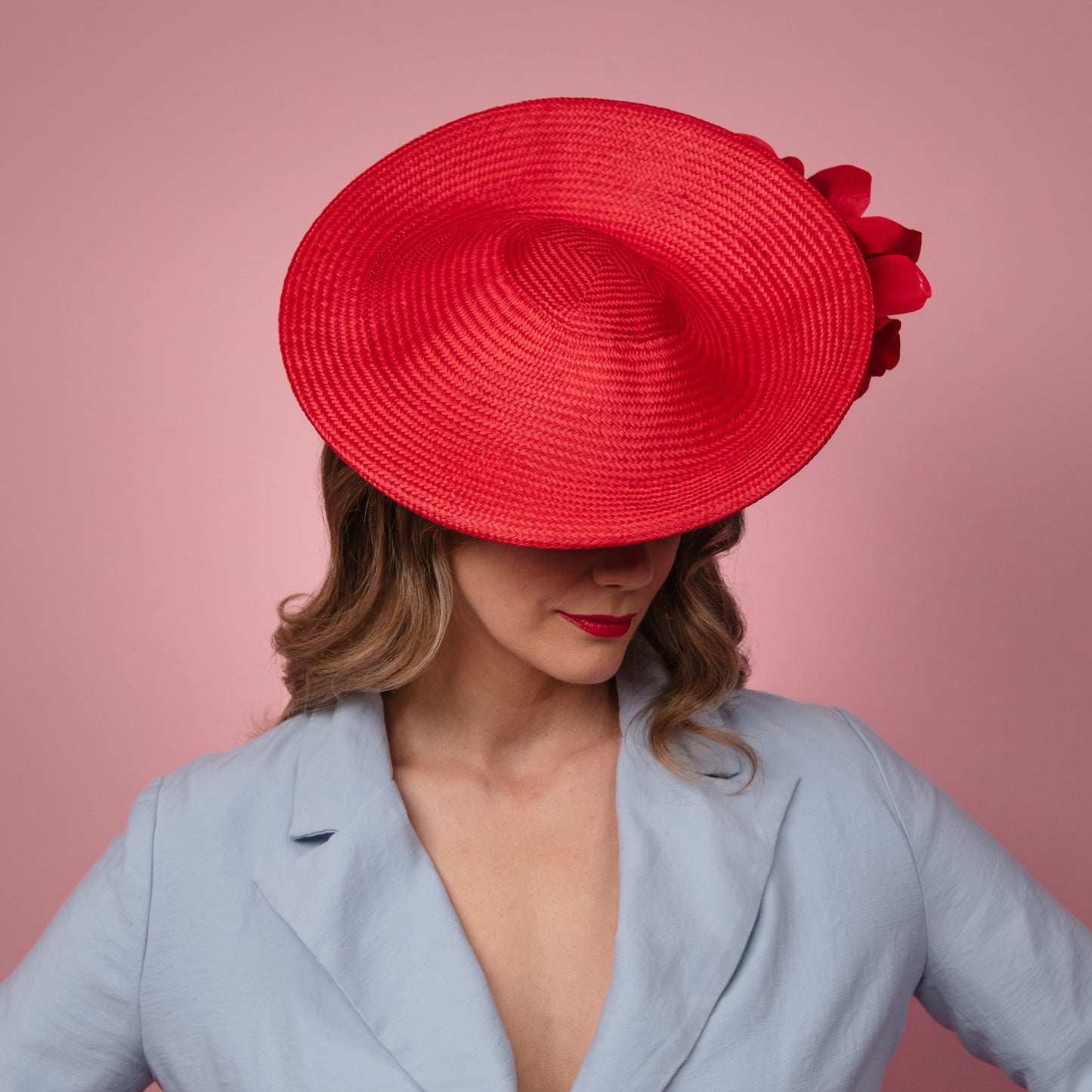 Monique Saucer in Textured Straw Silk Poppy Flower Trim in Red Spring Racewear Headpiece