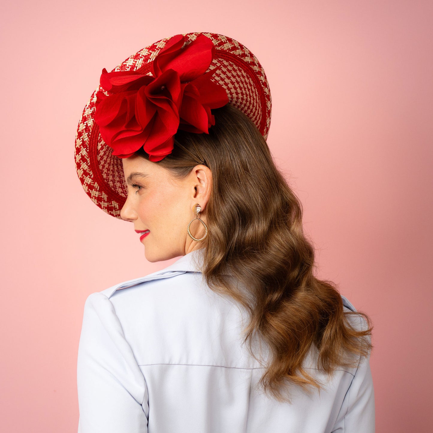 Monique Saucer in Textured Straw Silk Poppy Flower Trim in Red and White Spring Racewear Headpiece