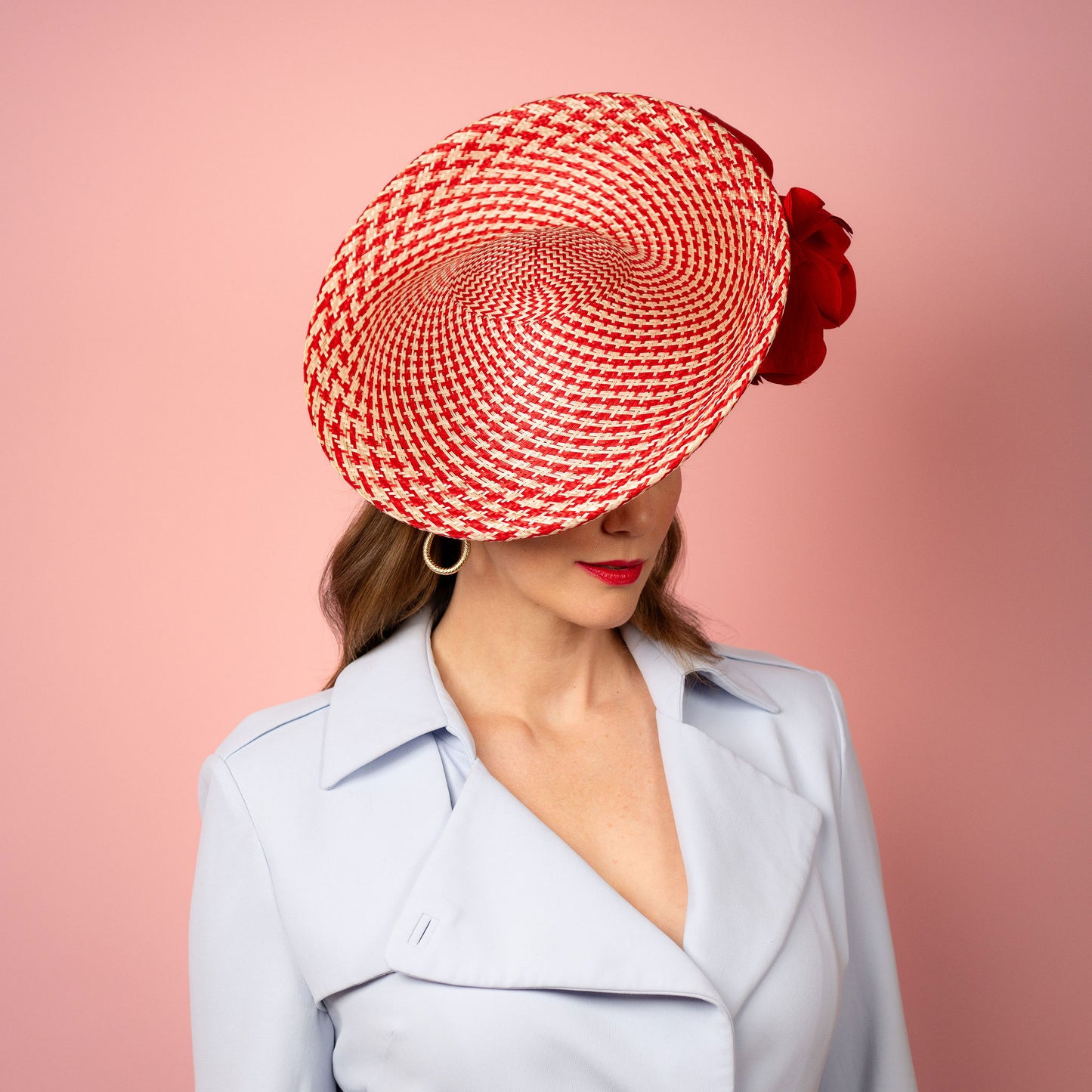 Monique Saucer in Textured Straw Silk Poppy Flower Trim in Red and White Spring Racewear Headpiece