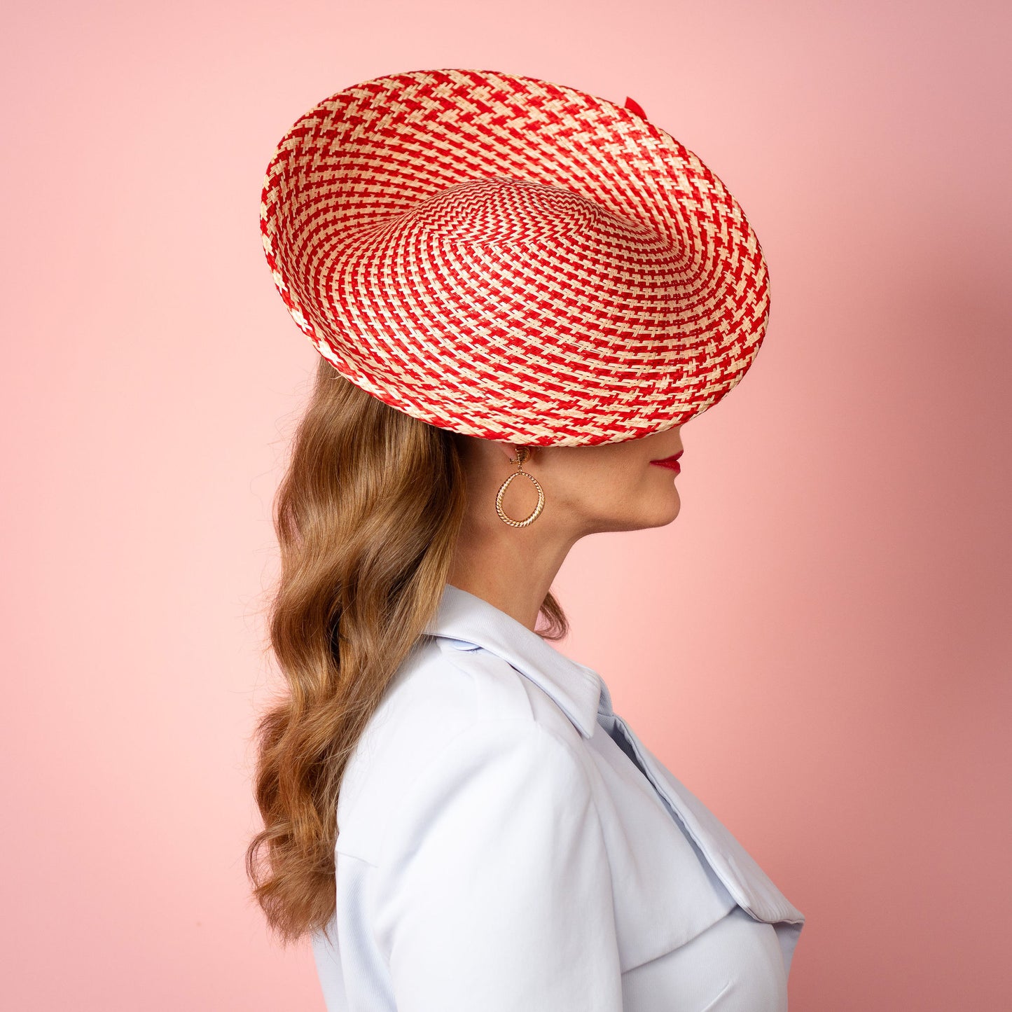 Monique Saucer in Textured Straw Silk Poppy Flower Trim in Red and White Spring Racewear Headpiece
