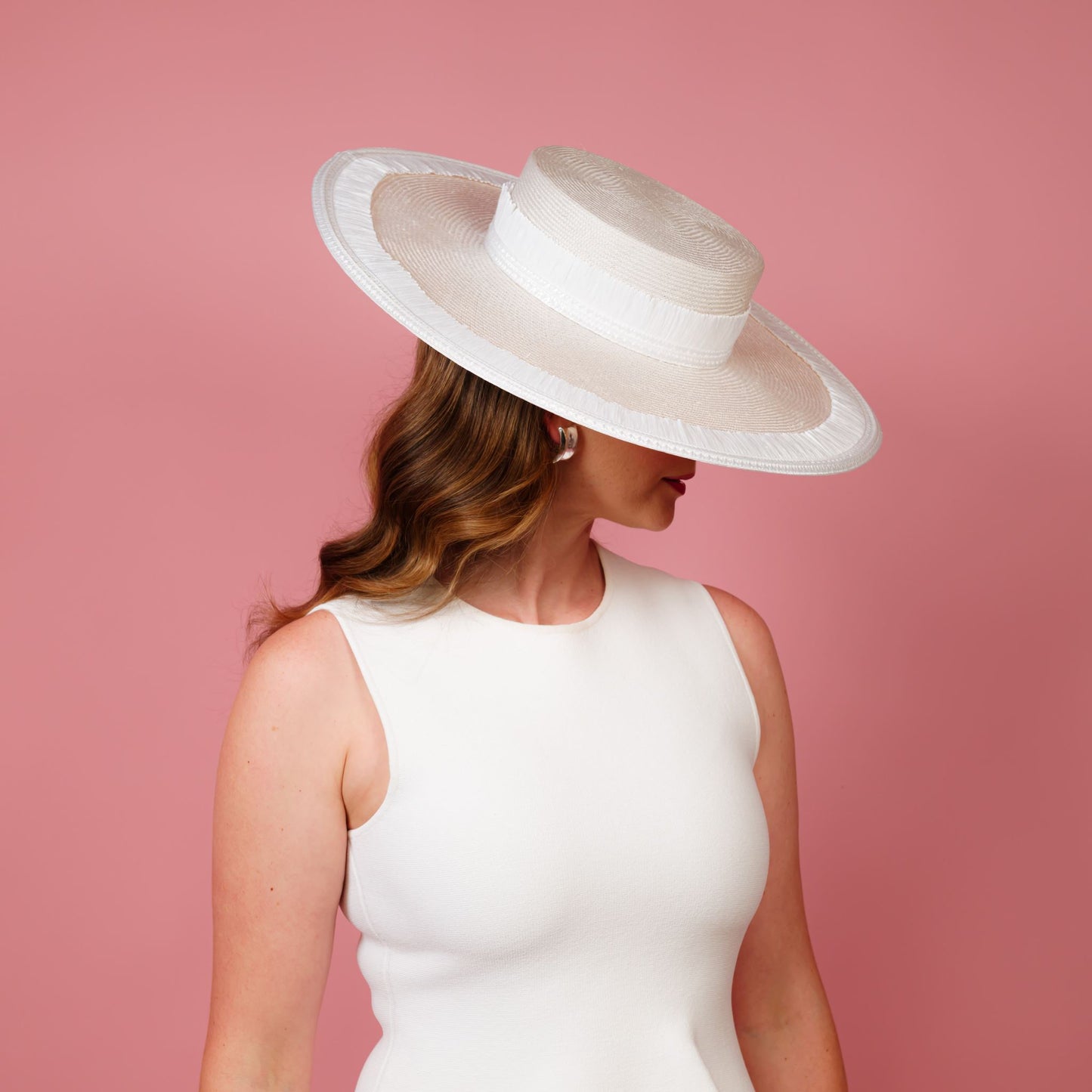 Nimbus large straw boater hat with tassel trim edge and band in white