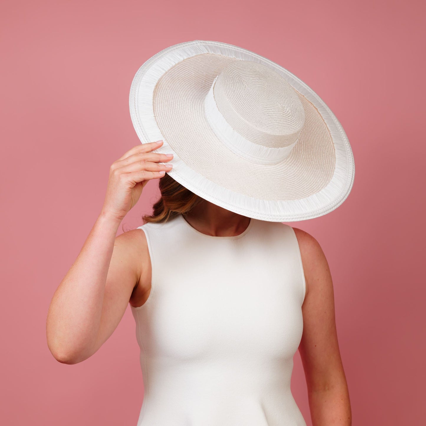 Nimbus large straw boater hat with tassel trim edge and band in white