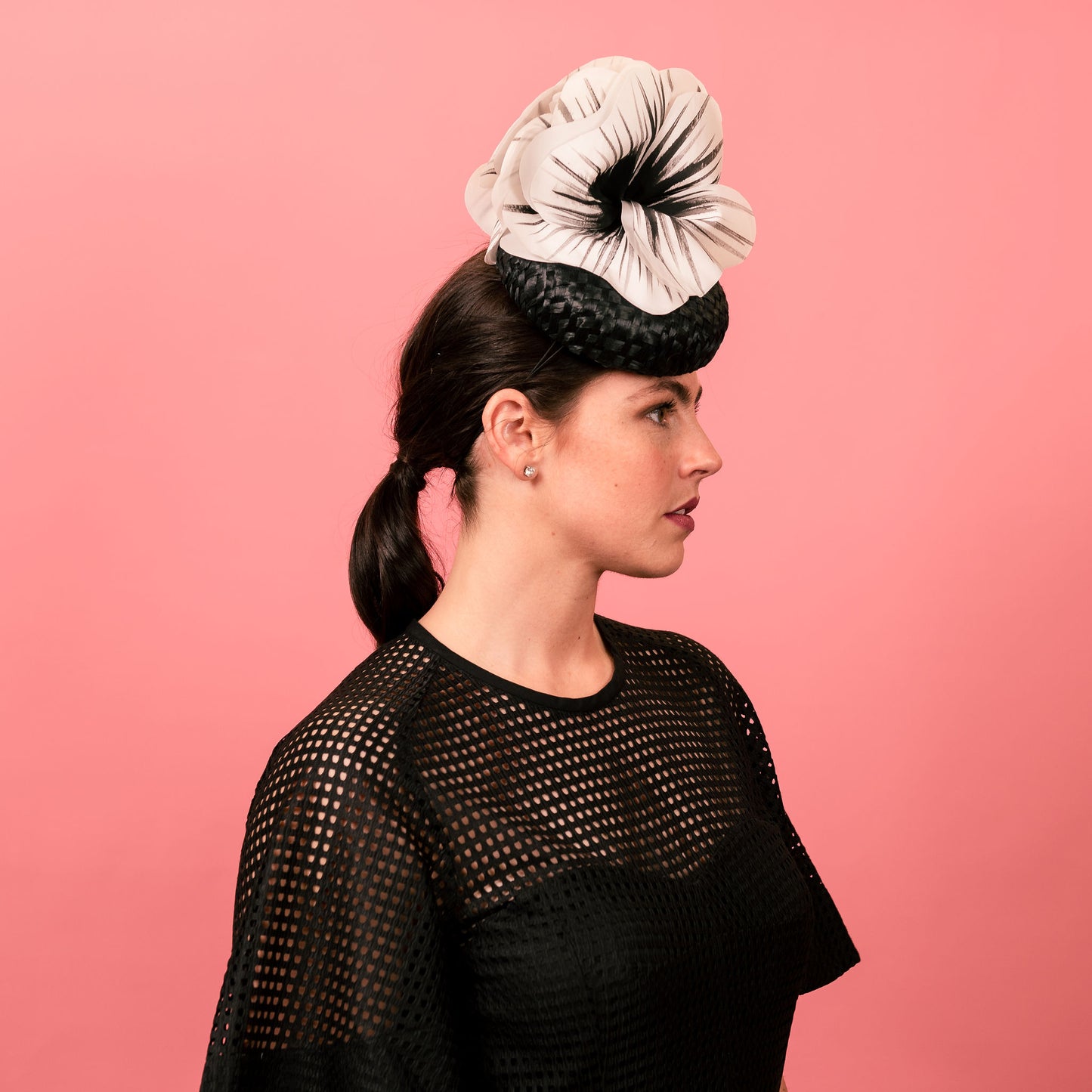 Penelope Button Beret in Straw with Silk Poppy Flowers in Black