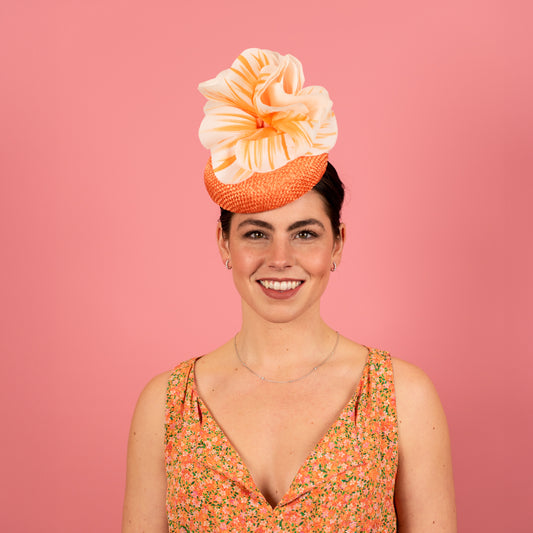 Penelope Button Beret in Straw with Silk Poppy Flowers in Orange