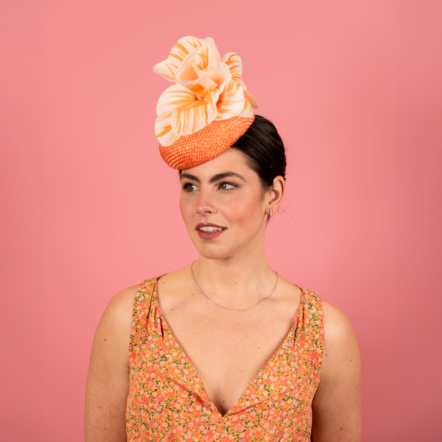 Penelope Button Beret in Straw with Silk Poppy Flowers in Orange